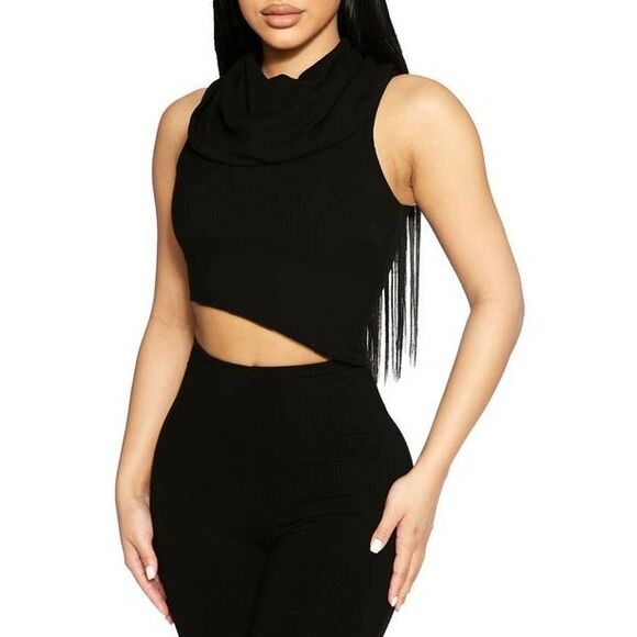 Naked Wardrobe Ribbed Sleeveless Cowl neck Asymmetrical Crop Top In Black - Picture 1 of 9